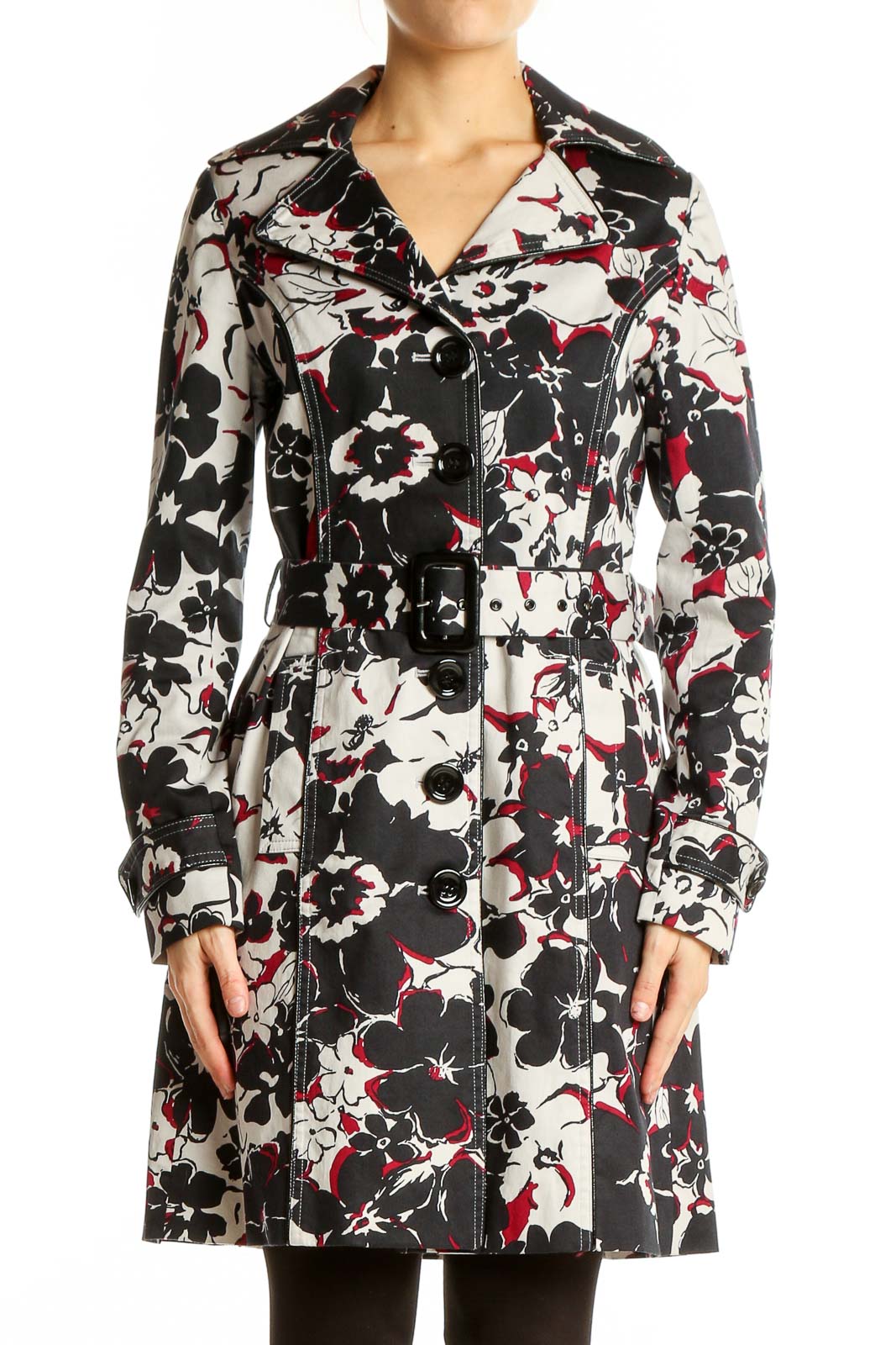 Black Floral Print Trench Coat Front