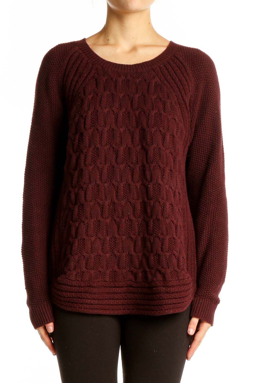 Burgundy Cable Knit Raglan Sweater Front