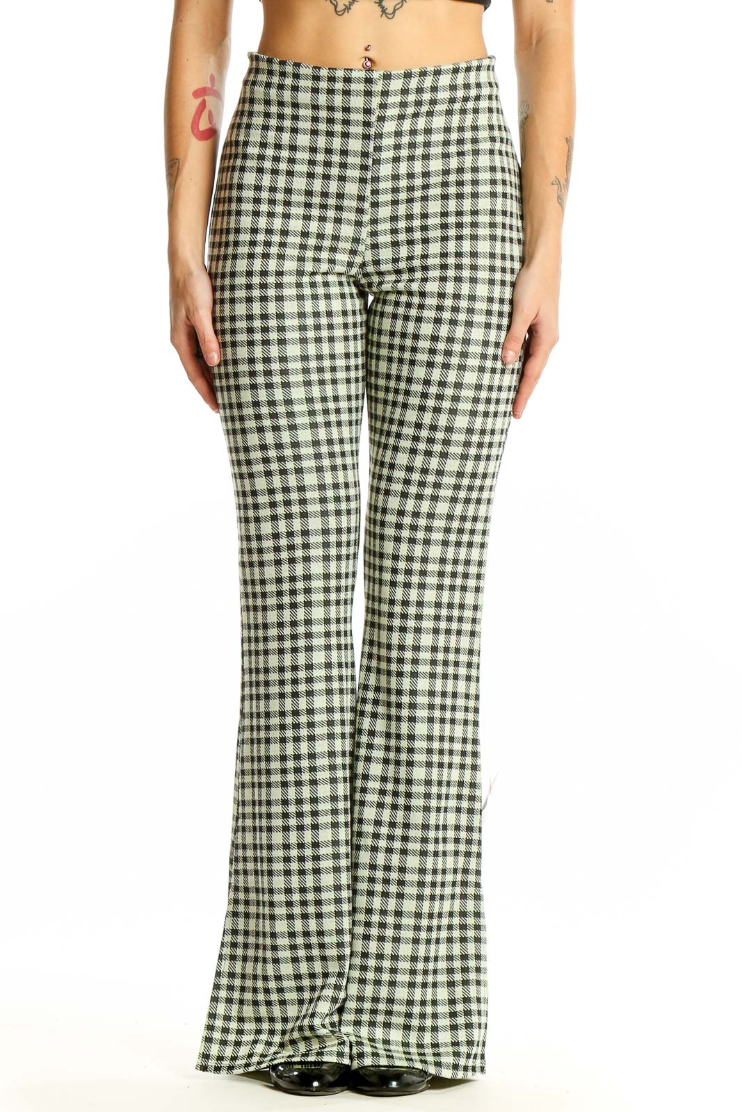Green Gingham Check Flared Pants Front