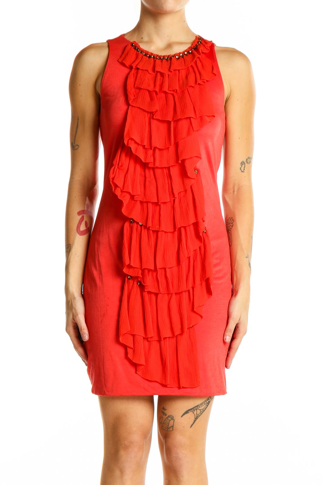 Red Ruffled Sleeveless Cocktail Dress Front