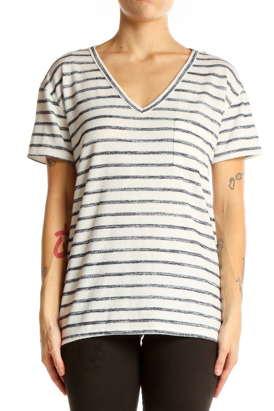 White and Navy Striped V-Neck Top Front