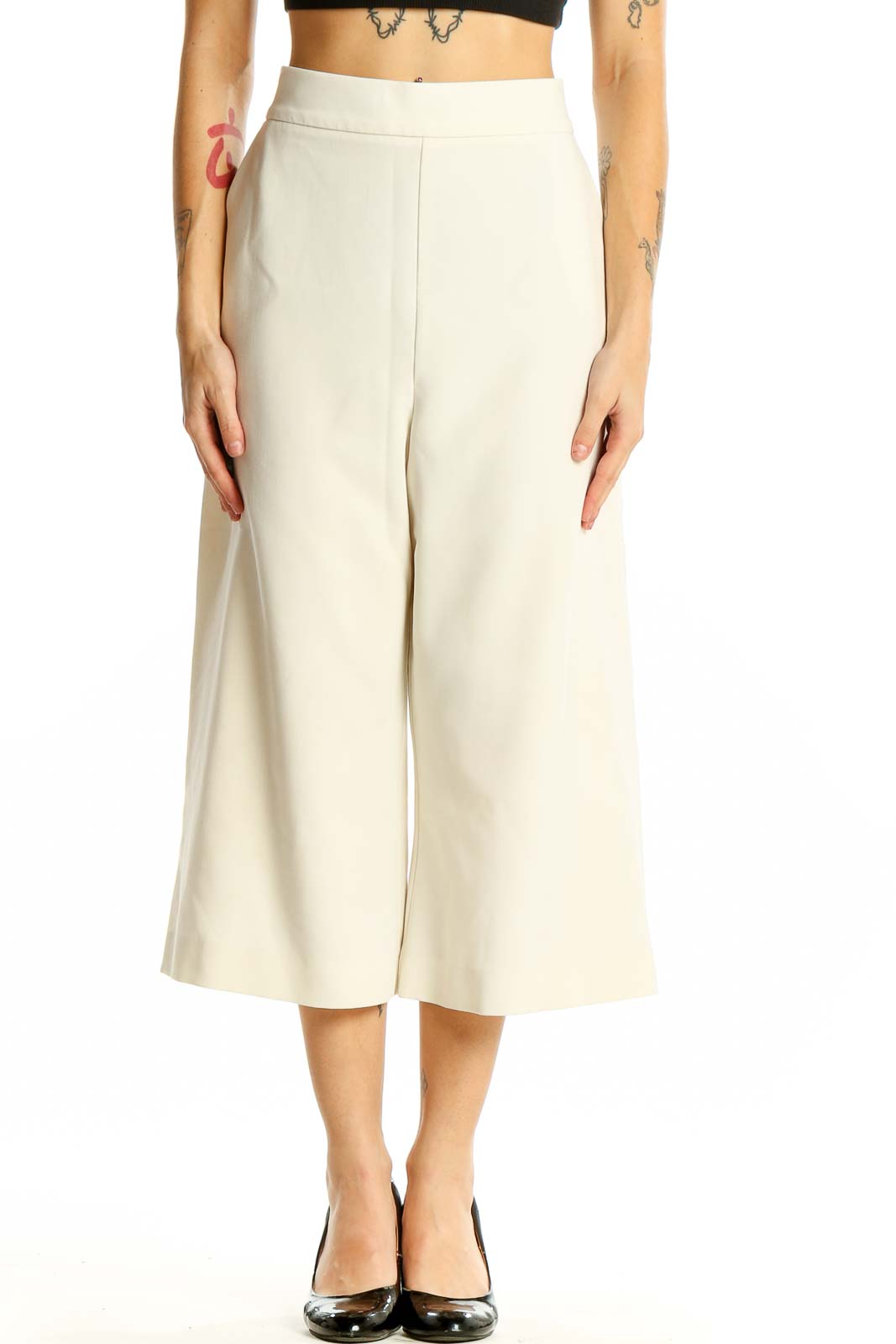 Cream Wide-Leg Cropped Trousers Front