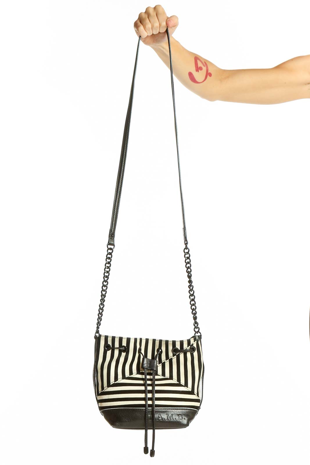 Black and White Striped Leather Shoulder Bag Front