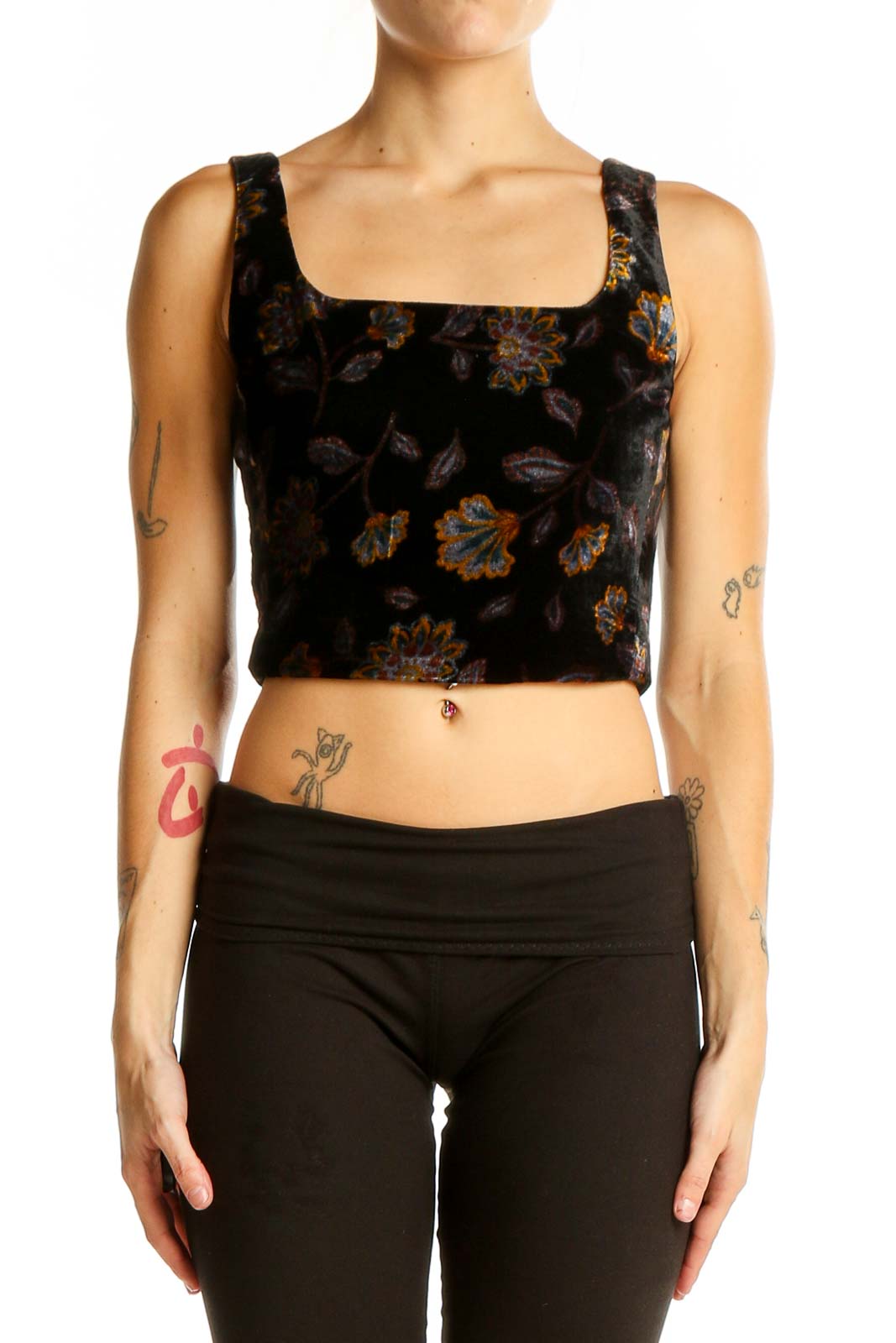 Black Floral Velvet Crop Top Front