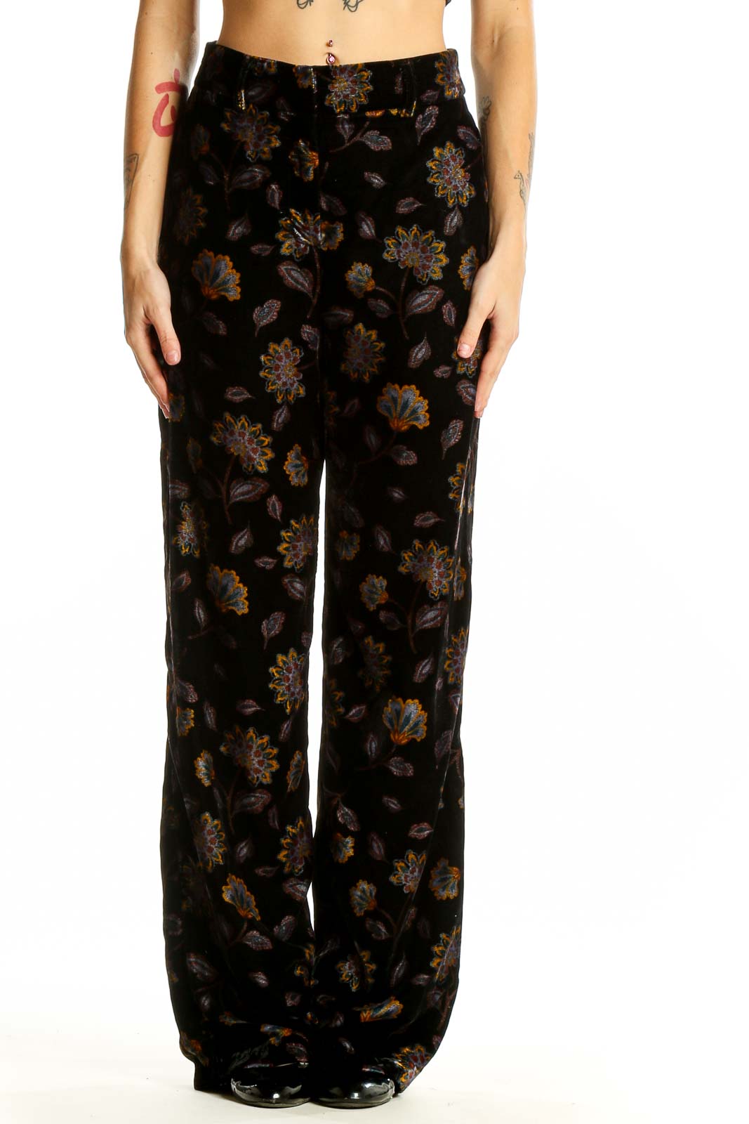 Black Floral Velvet Wide-Leg Pants Front