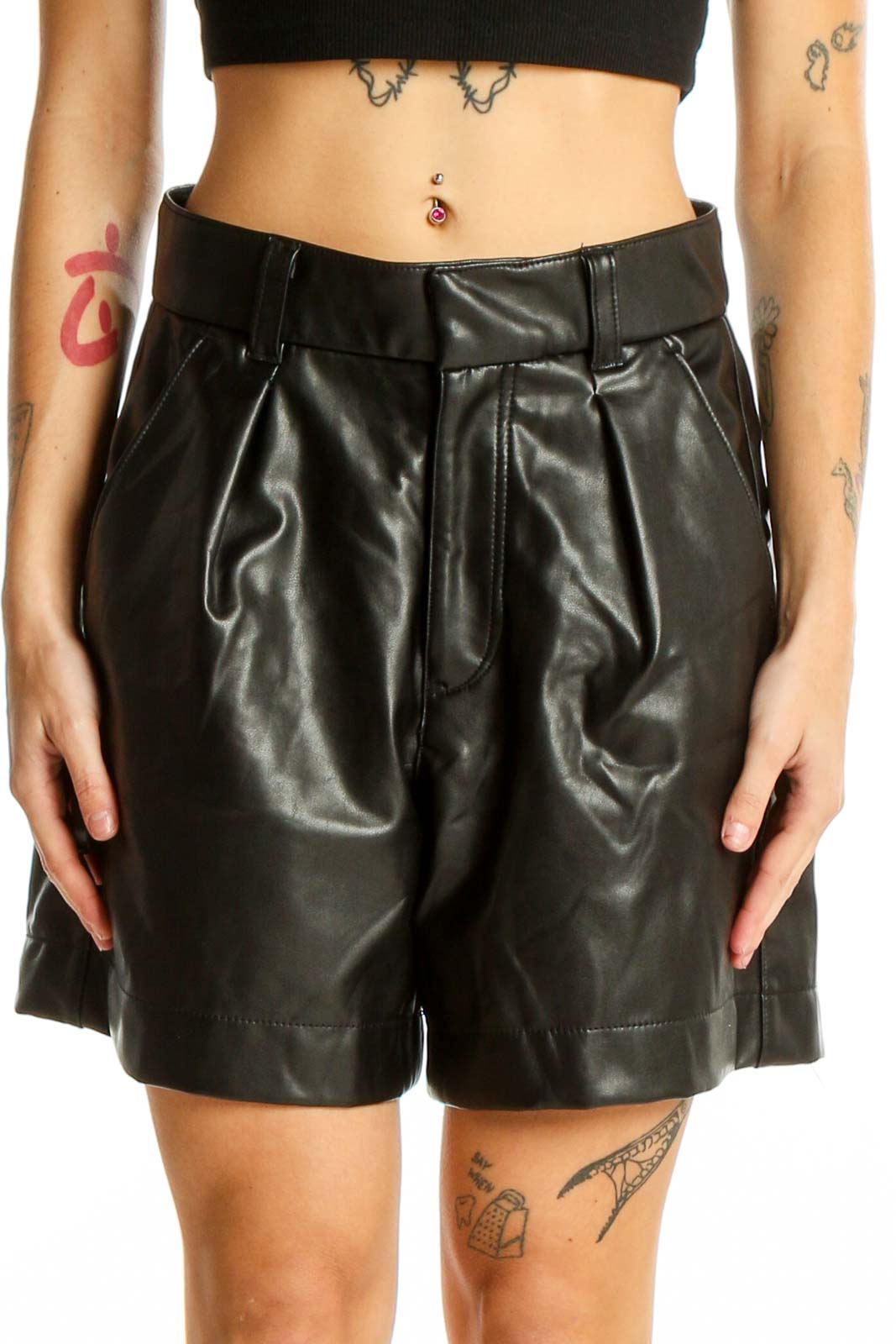 Black Faux Leather High-Waisted Pleated Shorts Front