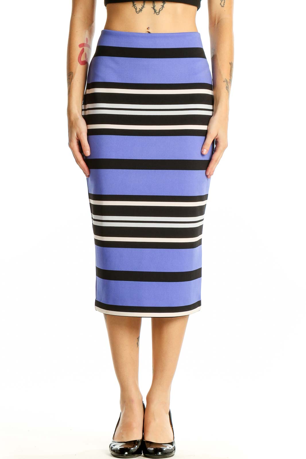 Purple Striped Midi Pencil Skirt Front
