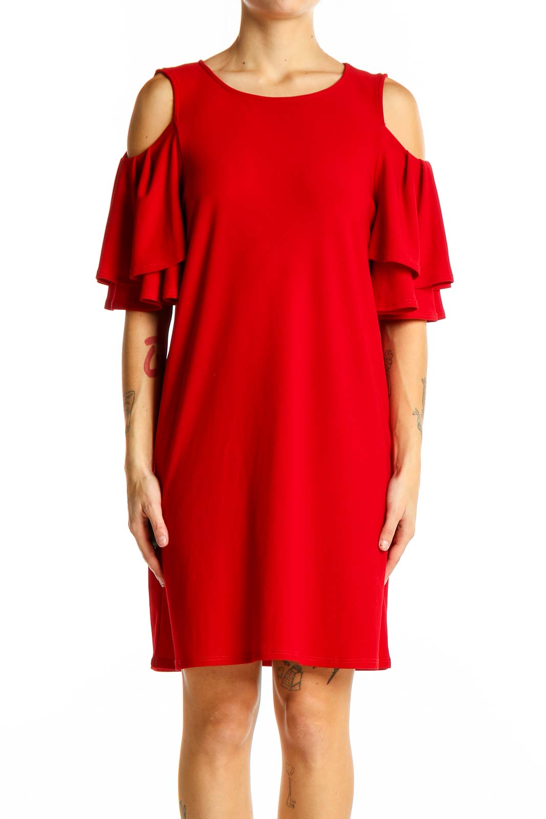 Red Cold Shoulder Ruffle Sleeve Dress Front