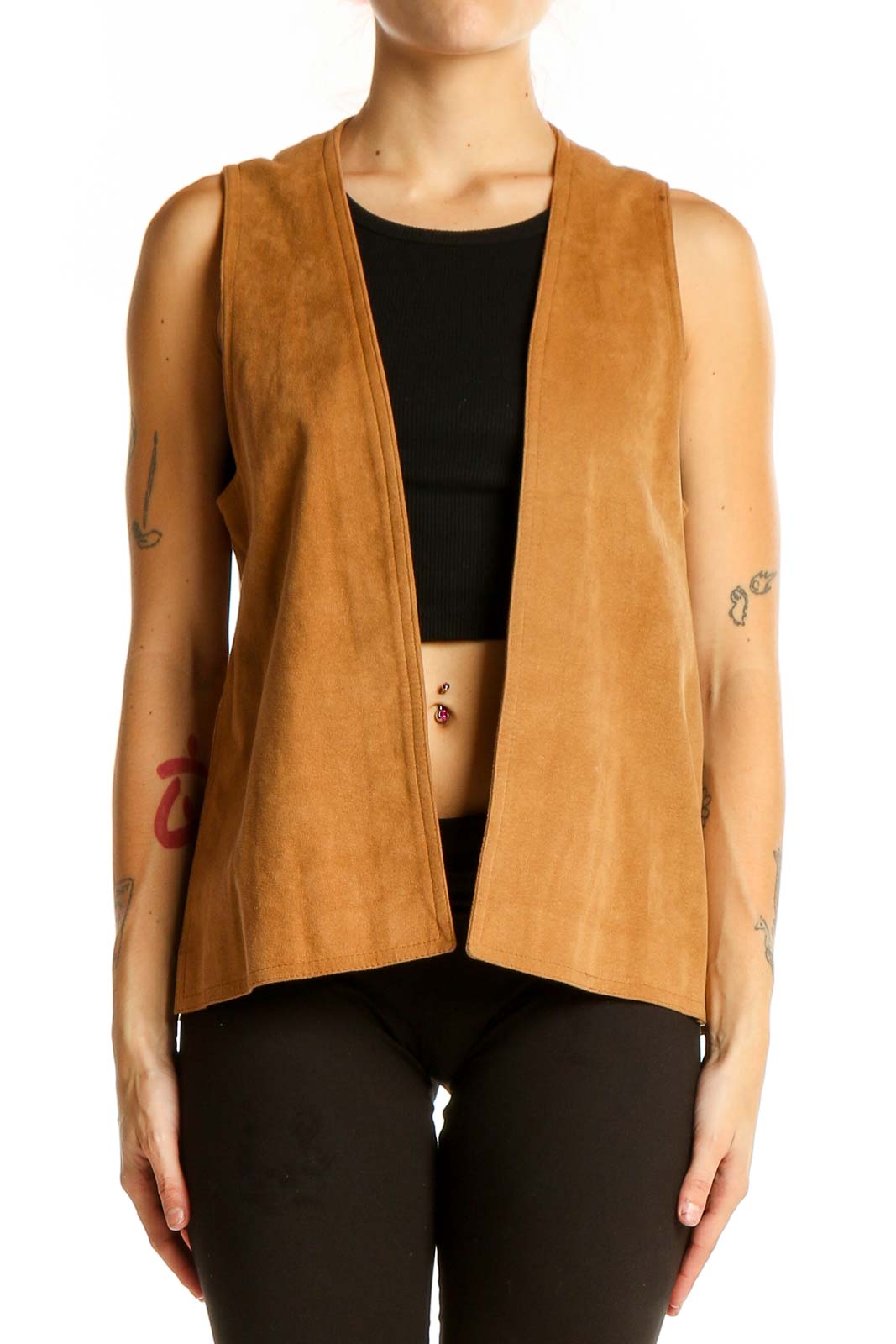 Camel Suede Open Front Vest Front
