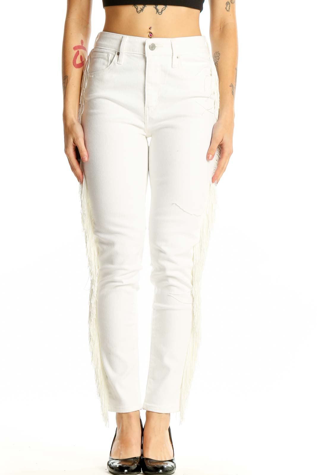 White Fringe-Detailed Straight Leg Jeans Front
