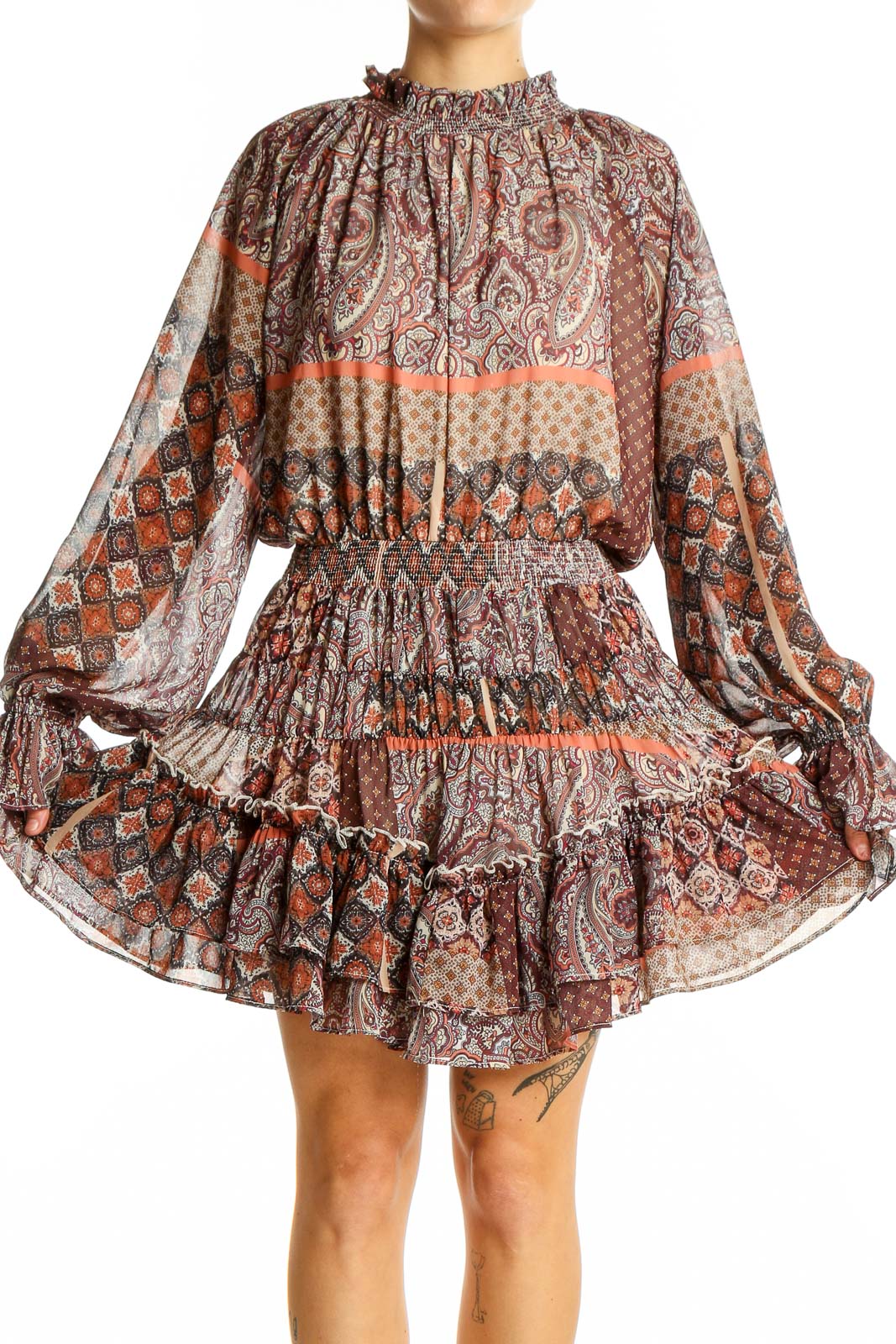 Brown Paisley Boho Mini Dress Front