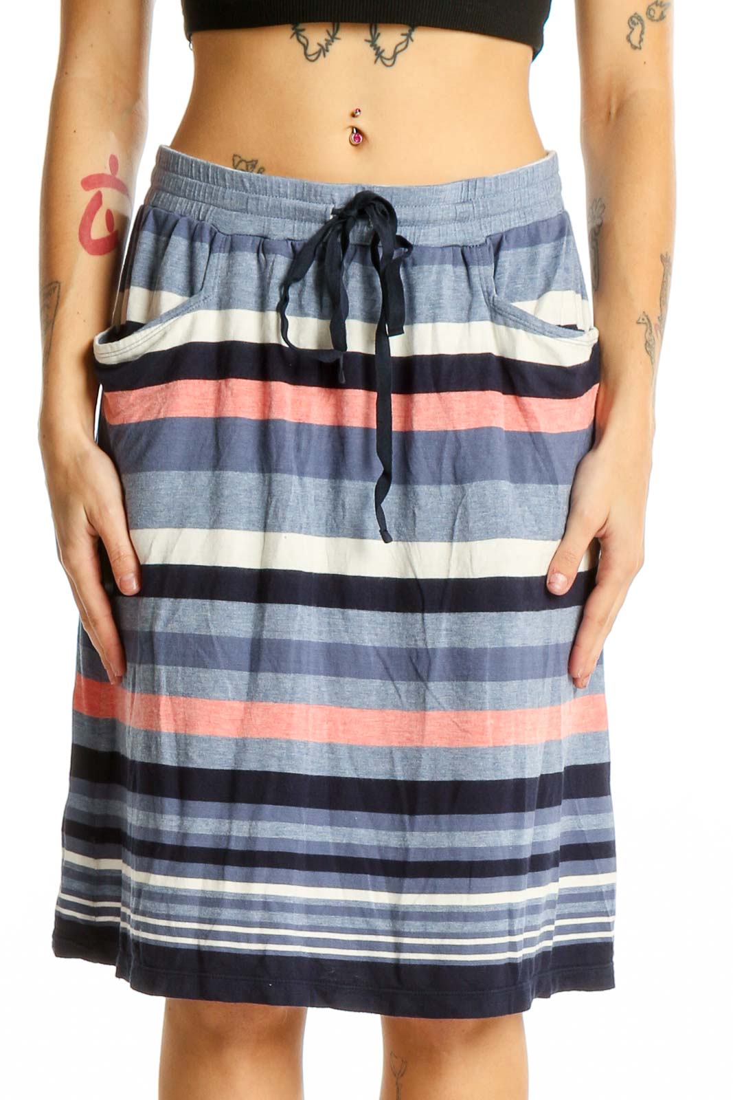 Blue Striped Drawstring Midi Skirt Front