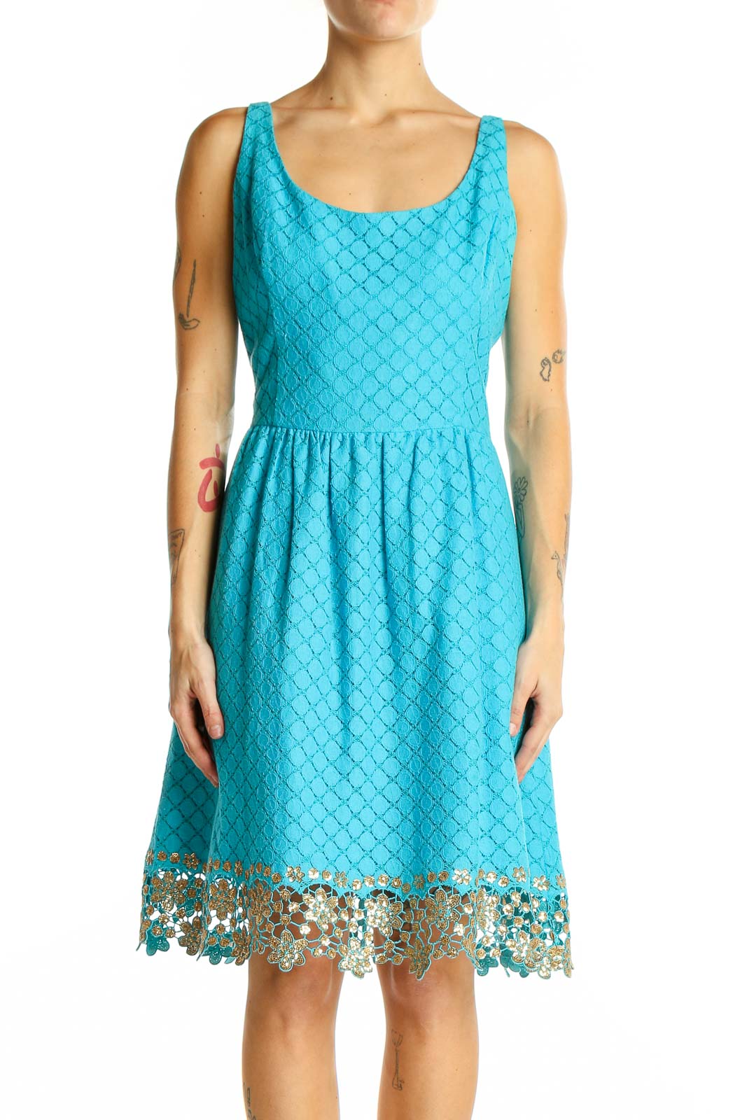 Turquoise Lace-Trimmed Sleeveless Dress Front