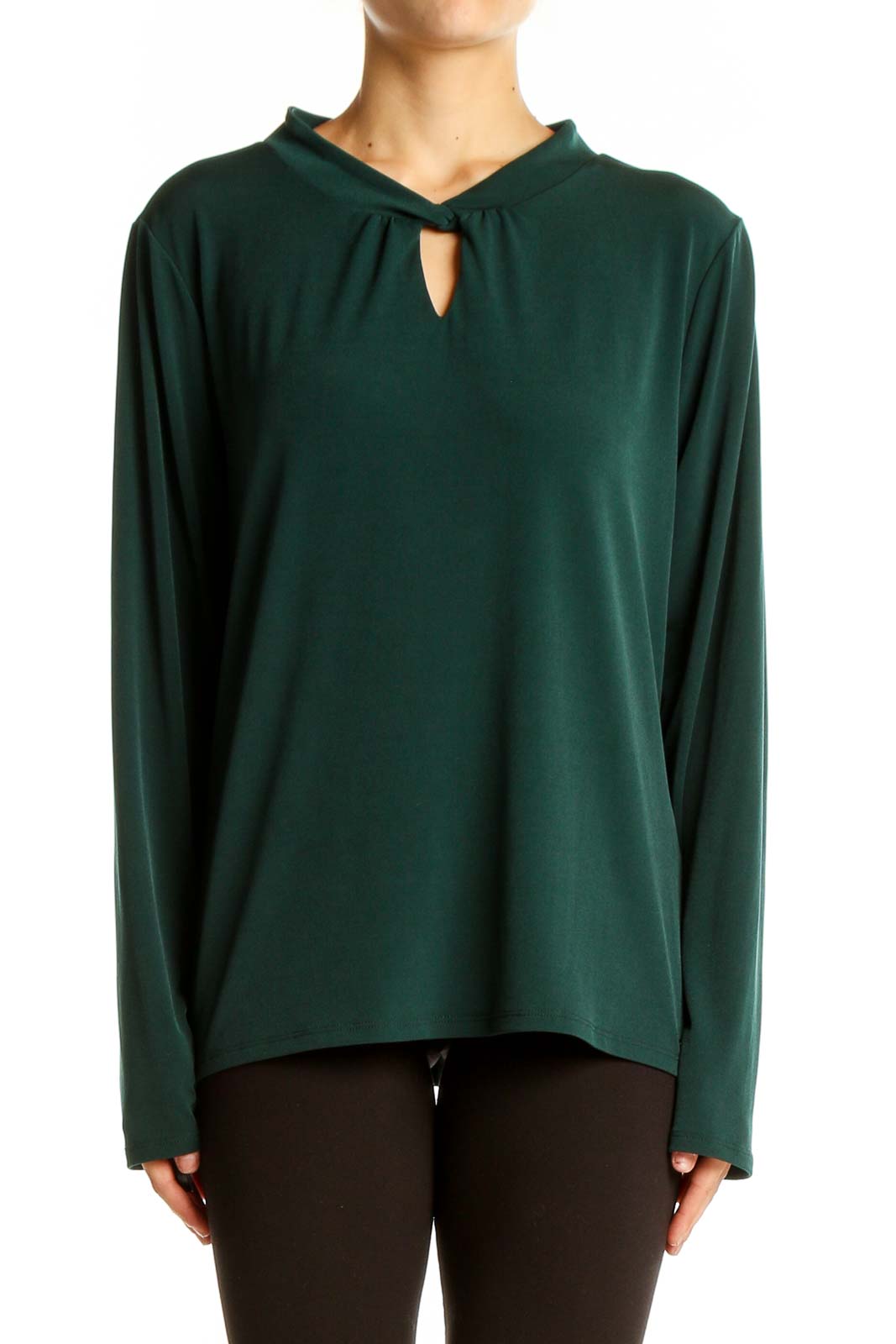 Forest Green Keyhole Neck Long Sleeve Top Front