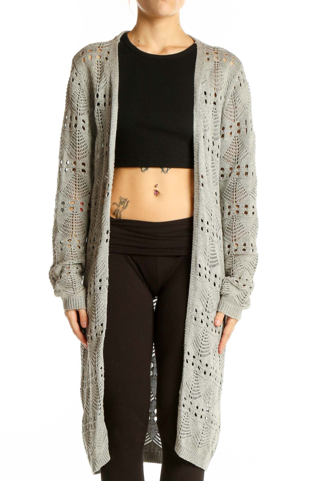 Gray Long Open-Front Crochet Cardigan Front