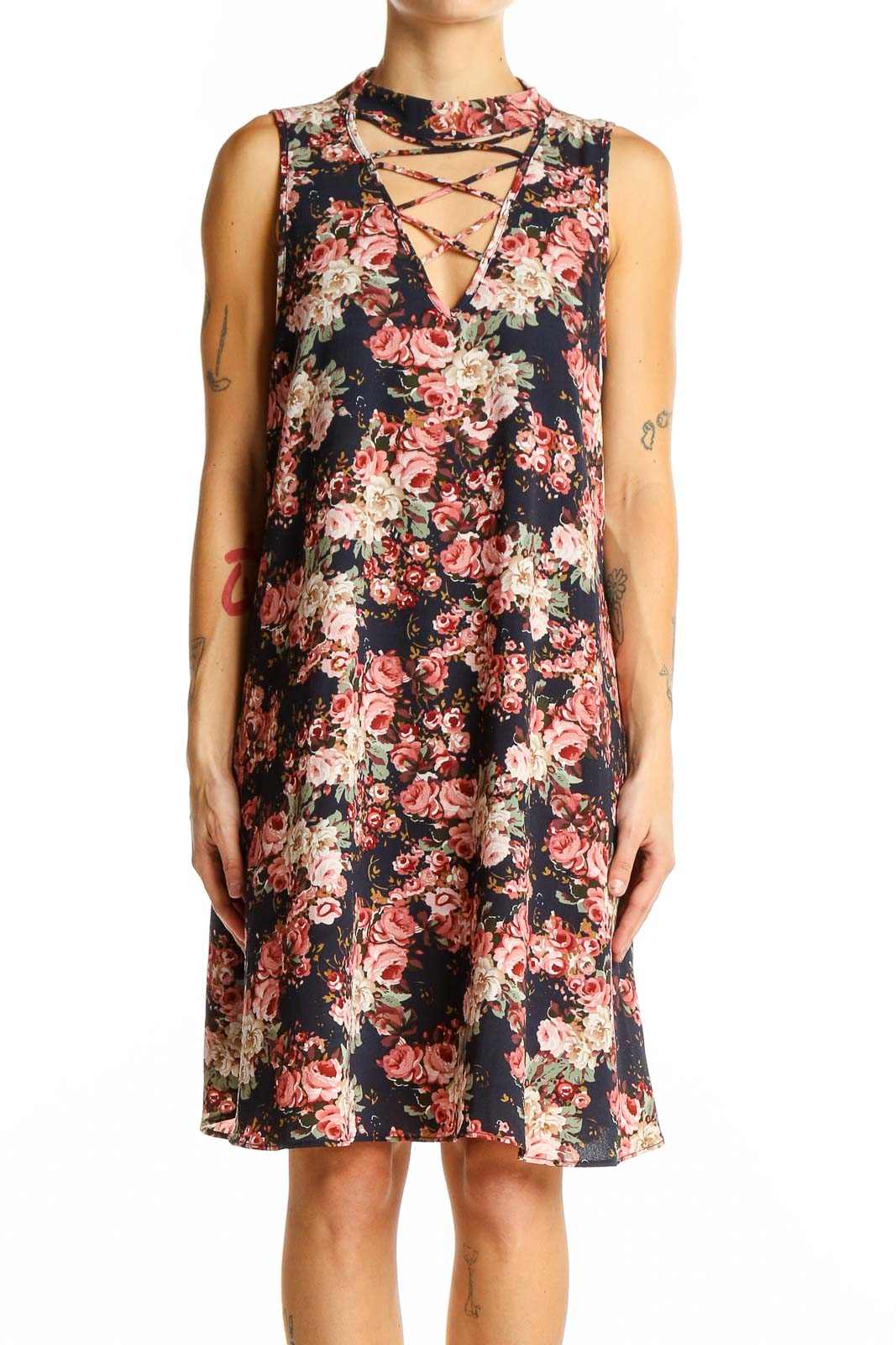 Navy Floral Lace-Up Sleeveless Dress Front