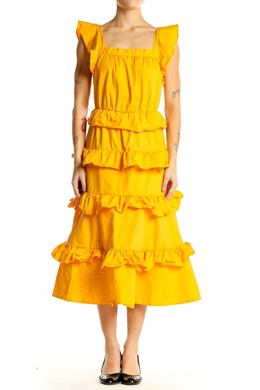 Yellow Ruffled Tiered Midi Dress Front