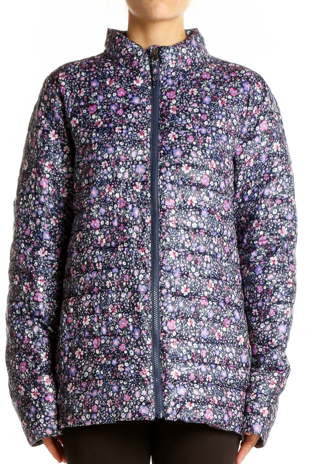Navy Floral Quilted Puffer Jacket Front