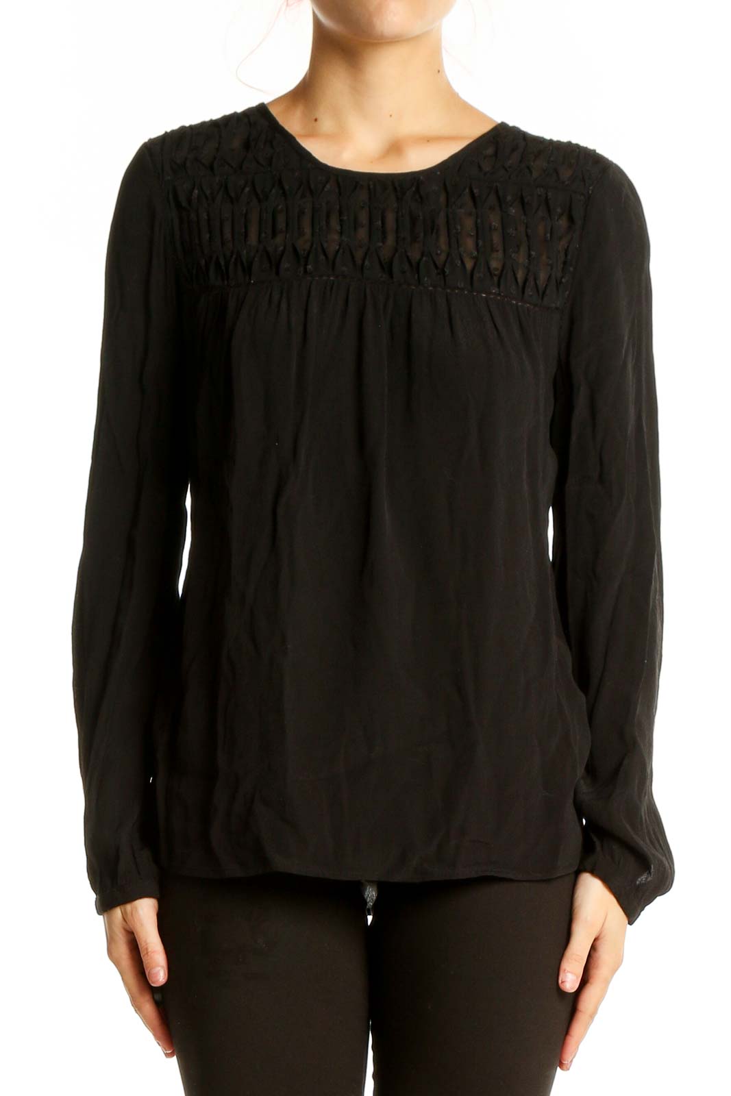 Black Rayon Long Sleeve Blouse Front