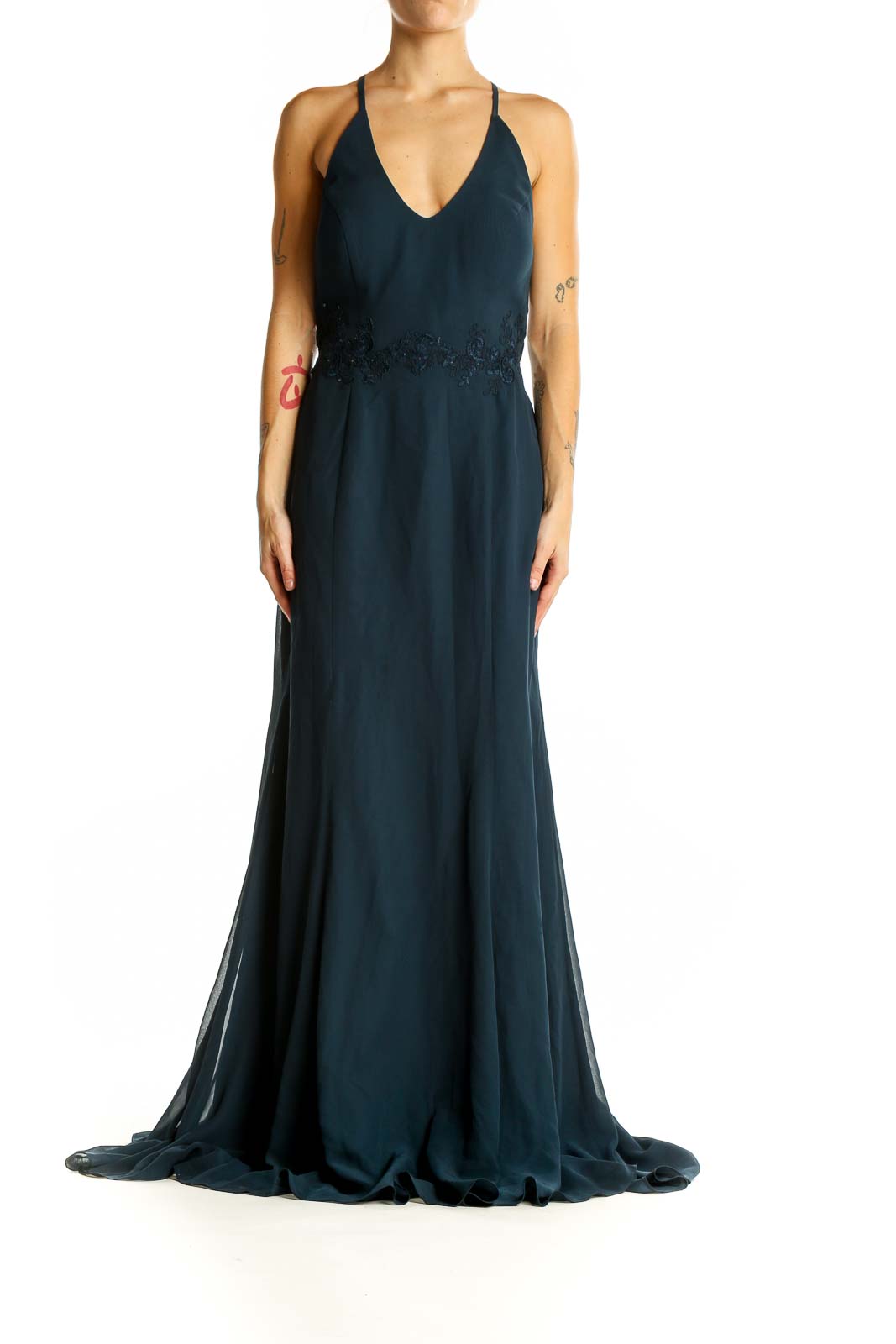 Navy Elegant Floral Lace Maxi Dress Front