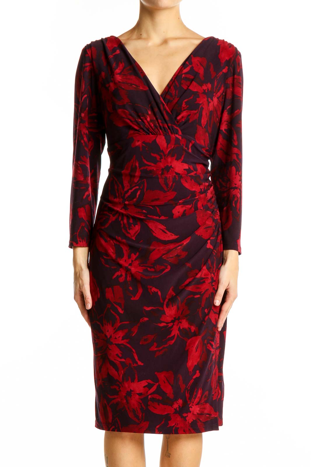 Red Floral Wrap Midi Dress Front