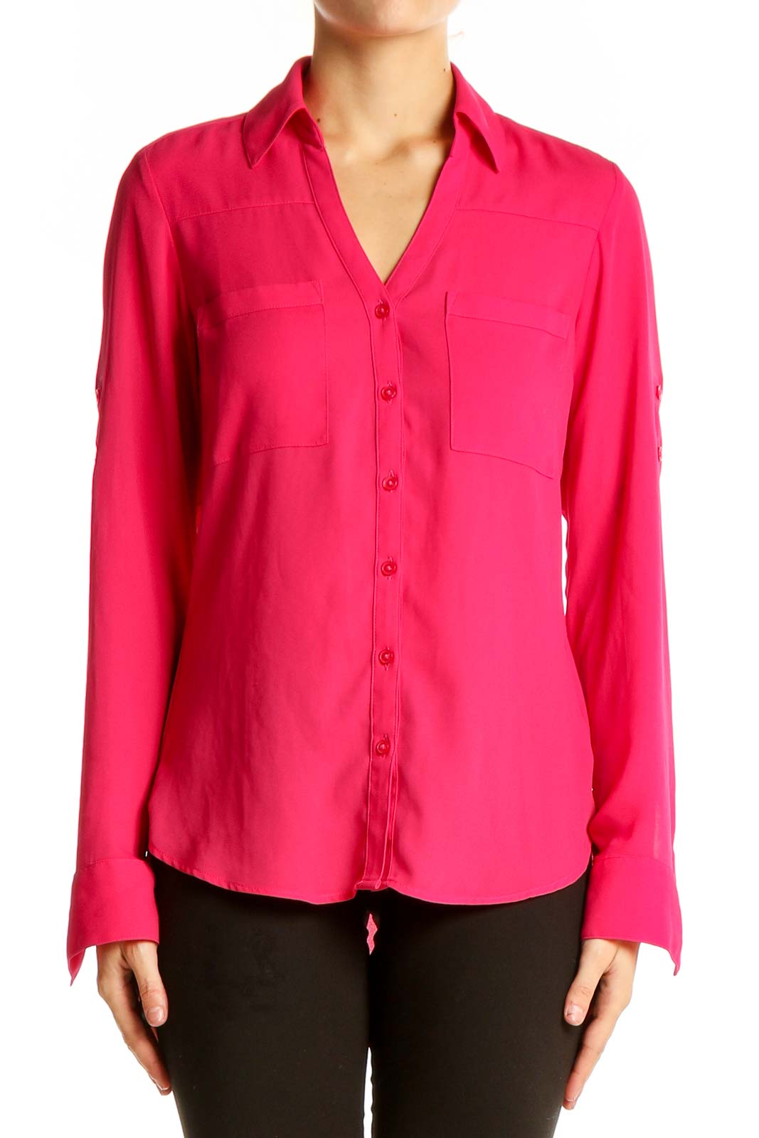 Hot Pink Button-Down Polyester Blouse Front
