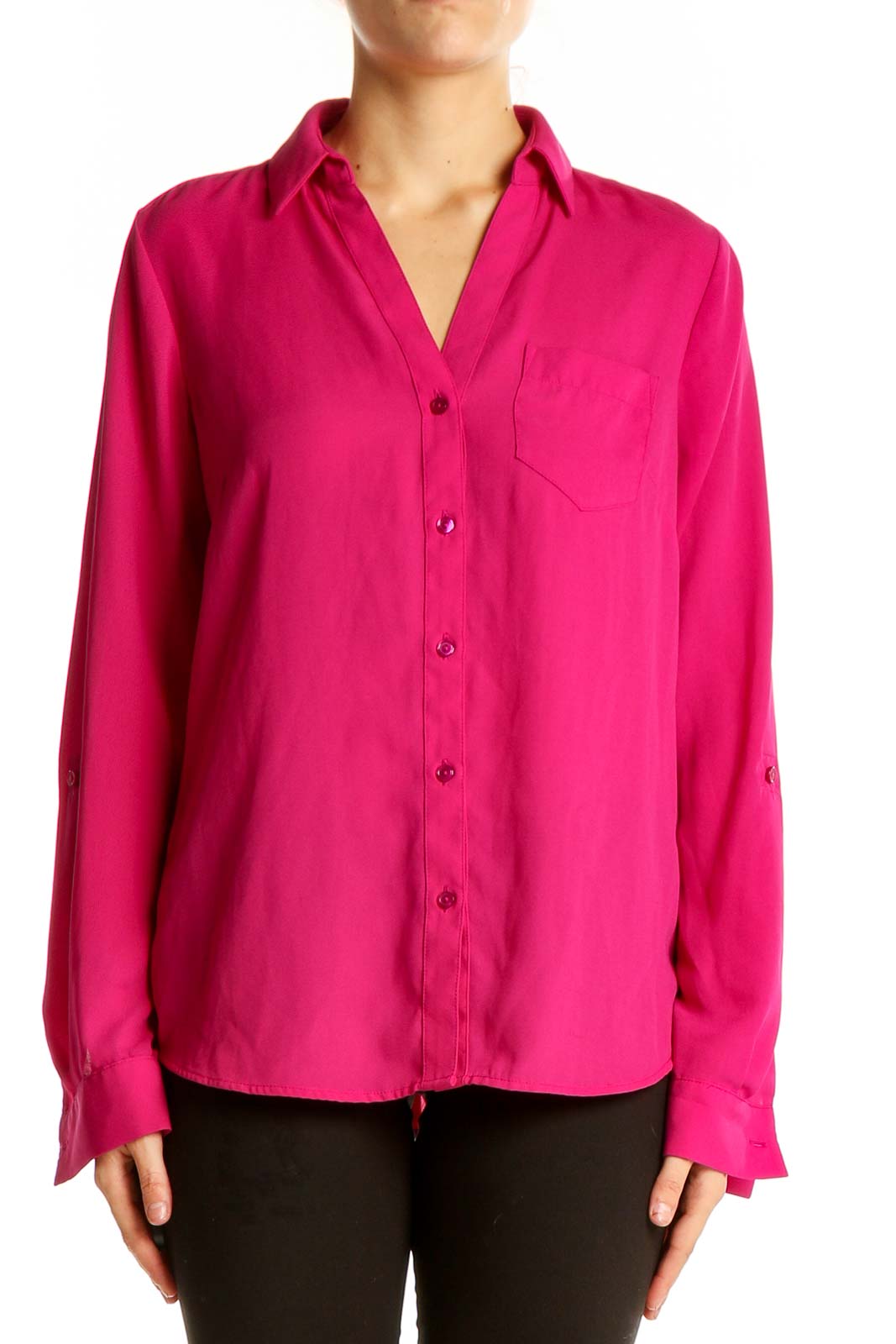 Hot Pink Button-Down Polyester Blouse Front