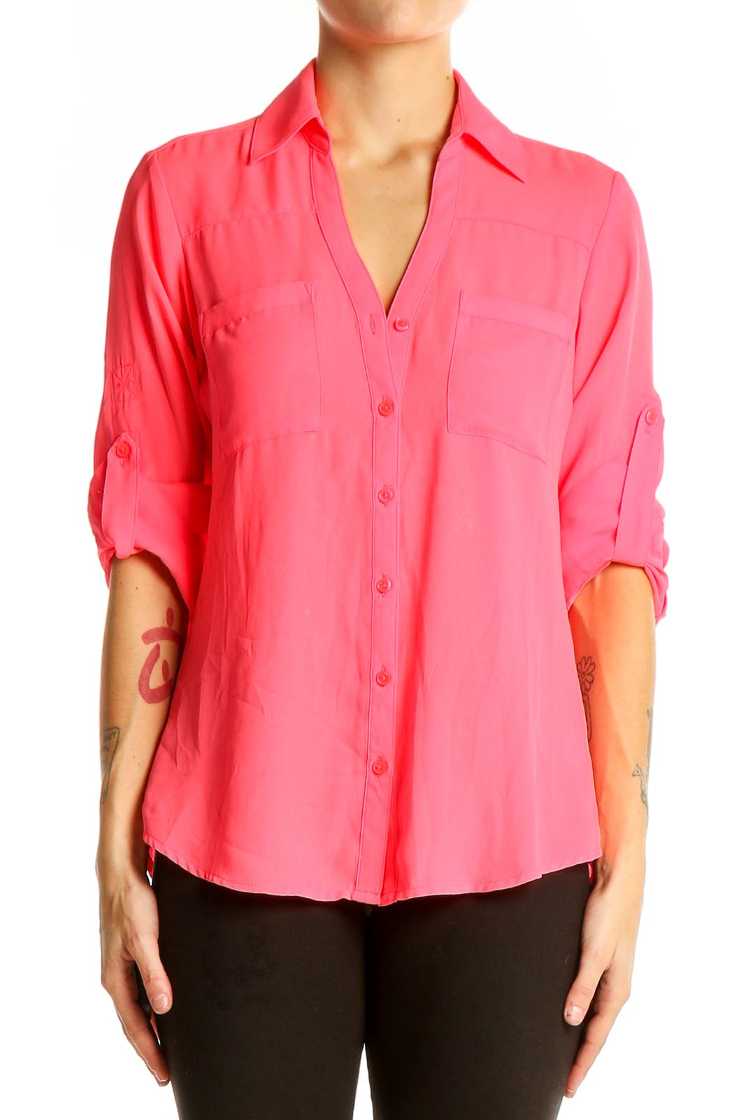 Pink Button-Down Polyester Blouse Front