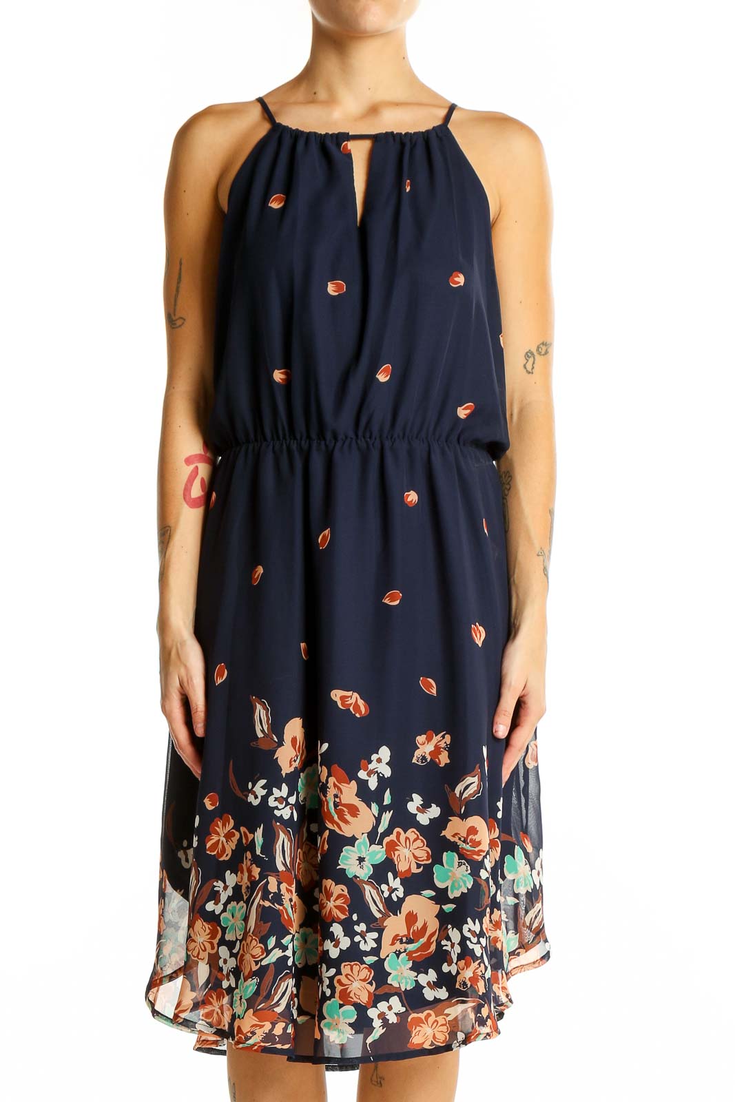 Navy Floral Print Sleeveless Midi Dress Front