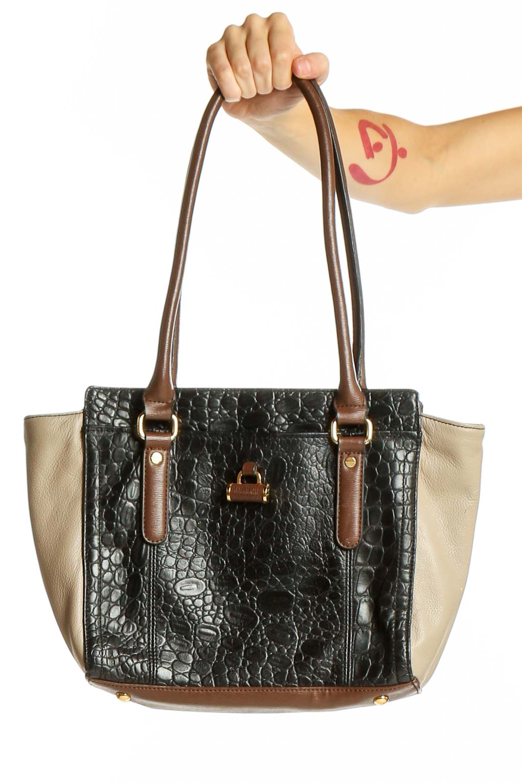 Black and Beige Croc-Embossed Leather Tote Front