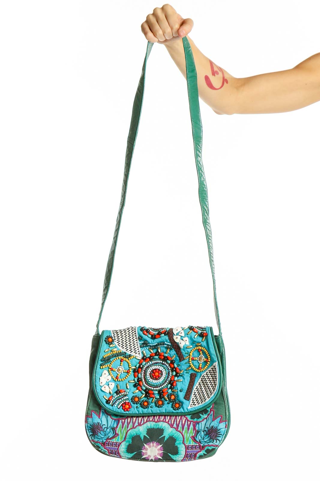 Turquoise Floral Embroidered Crossbody Bag Front