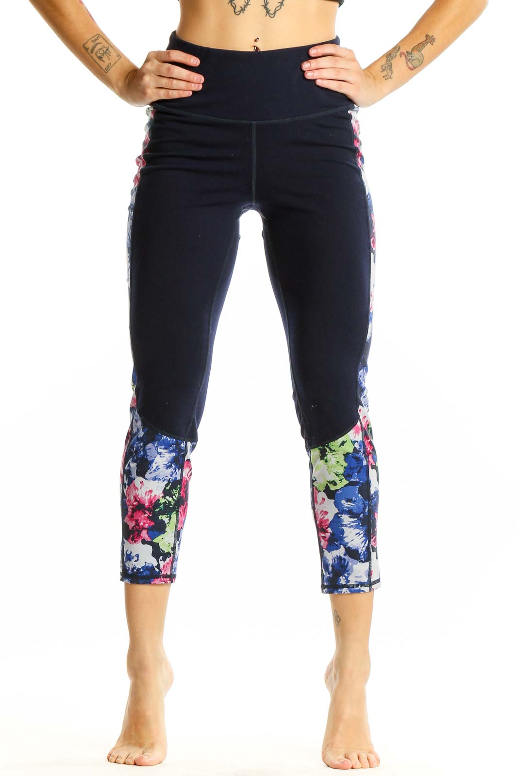 Navy Floral Print Capri Leggings Front
