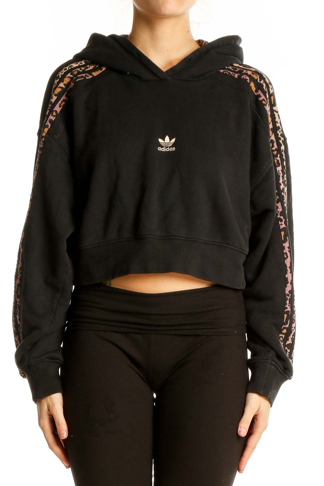 Black Cropped Hoodie with Leopard Stripes Front