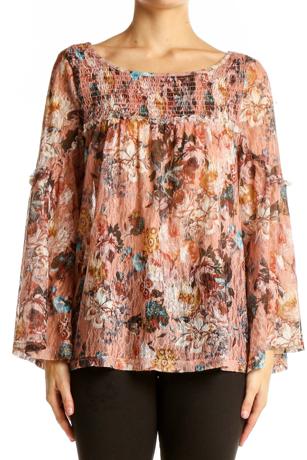 Pink Floral Bell Sleeve Blouse Front