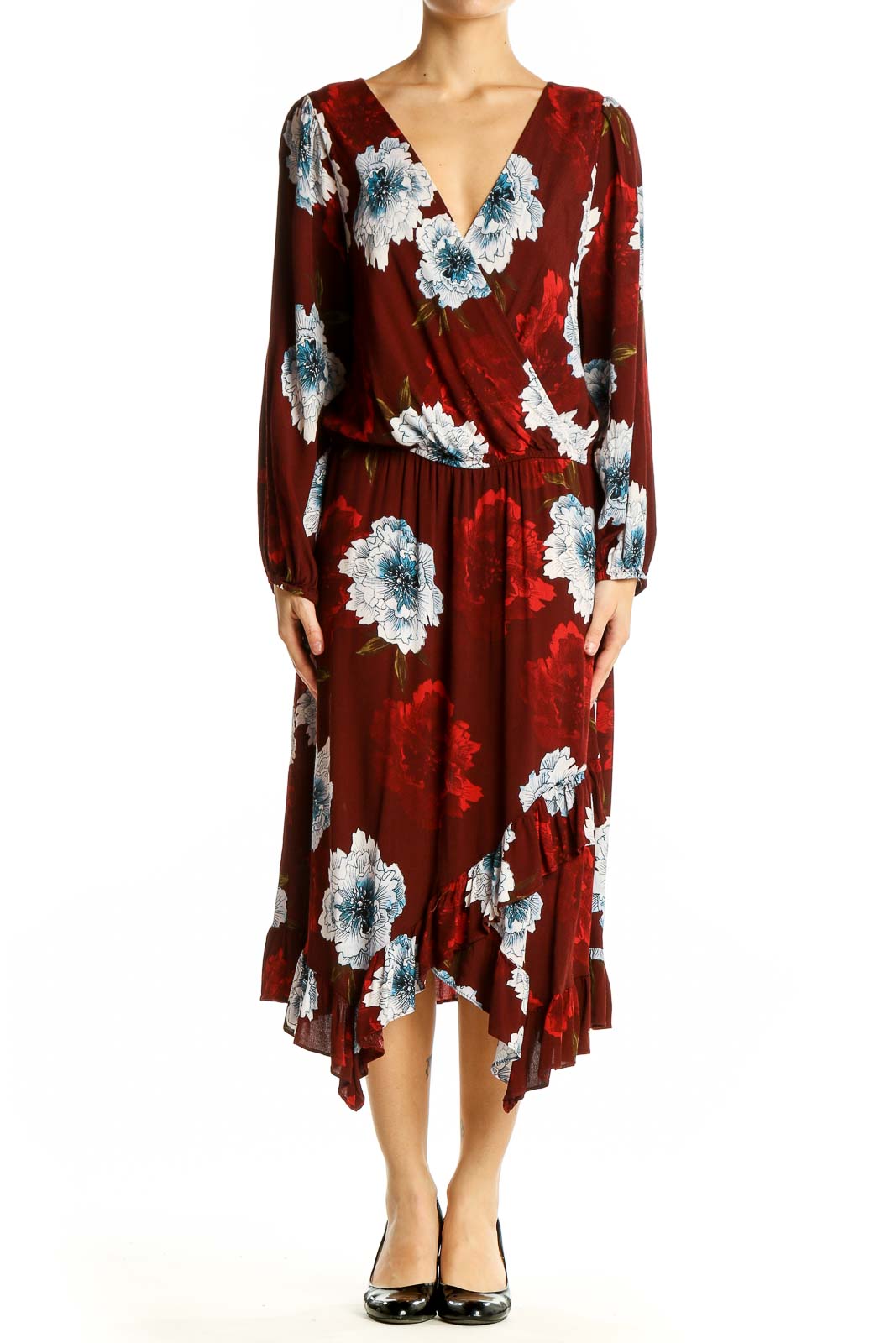 Burgundy Floral Wrap Midi Dress Front