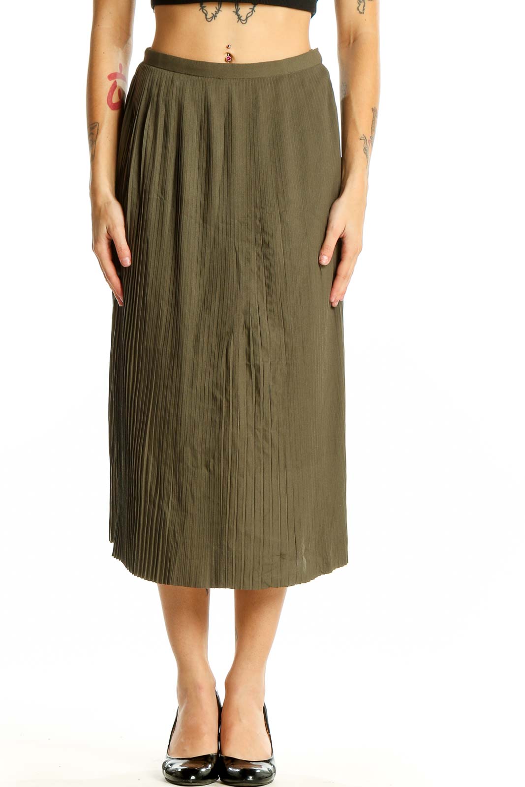 Olive Pleated Midi Skirt Front