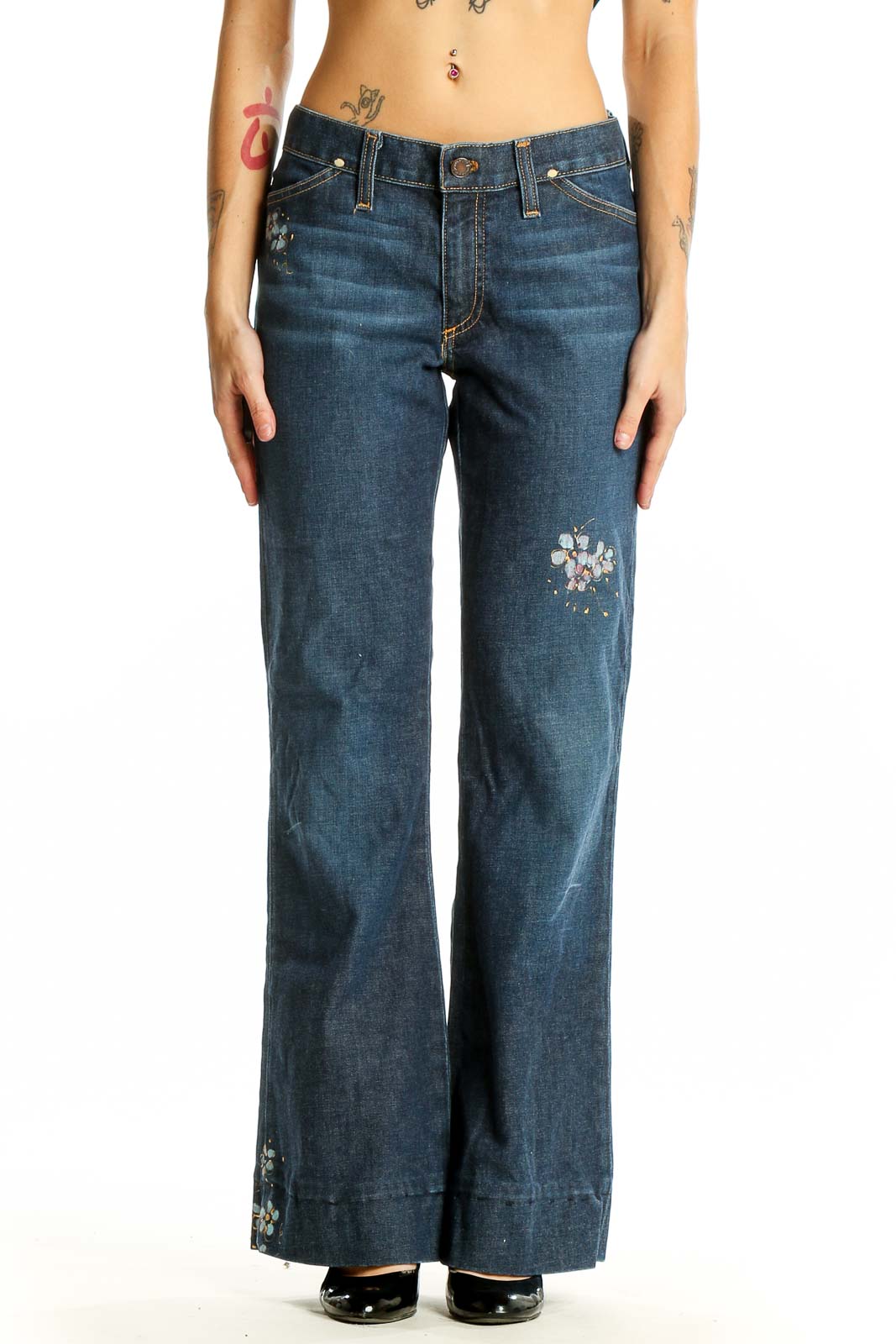 Blue Embroidered Wide-Leg Denim Jeans Front