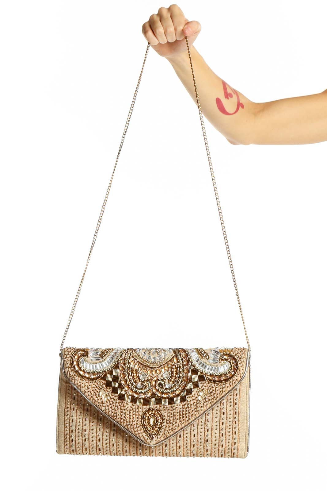 Gold Beaded Envelope Clutch Front