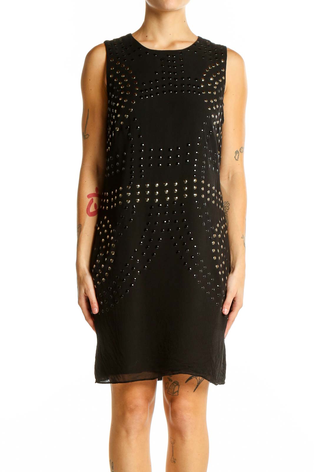 Black Studded Silk Sleeveless Dress Front