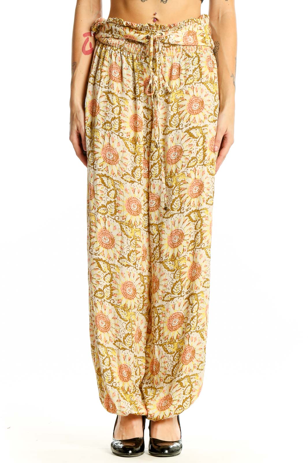 Yellow Floral Viscose Harem Pants Front