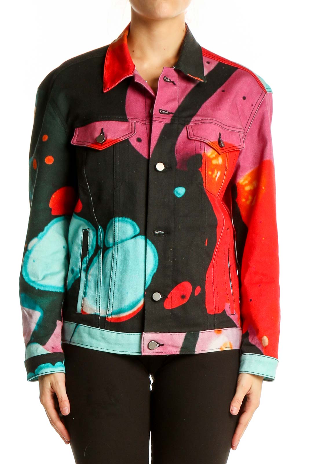 Multicolor Abstract Art Denim Jacket Front