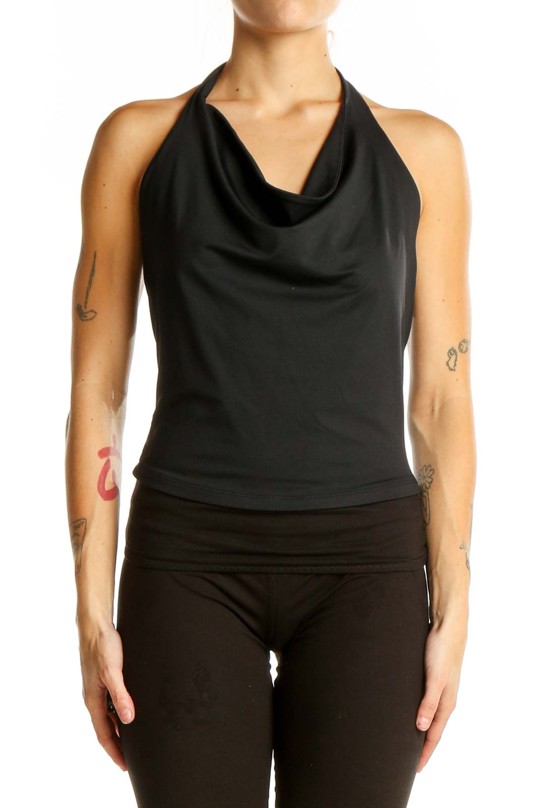 Black Halter Neck Cowl Top Front