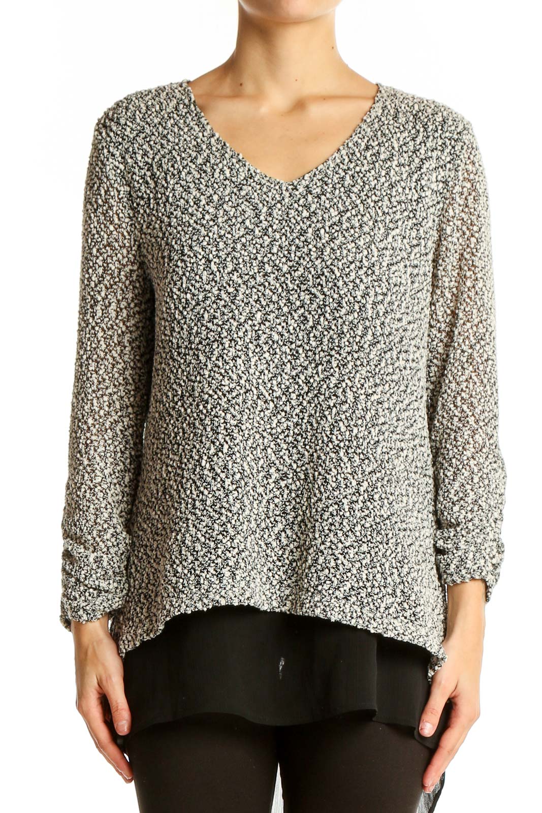 Gray Textured V-Neck Layered Blouse Front