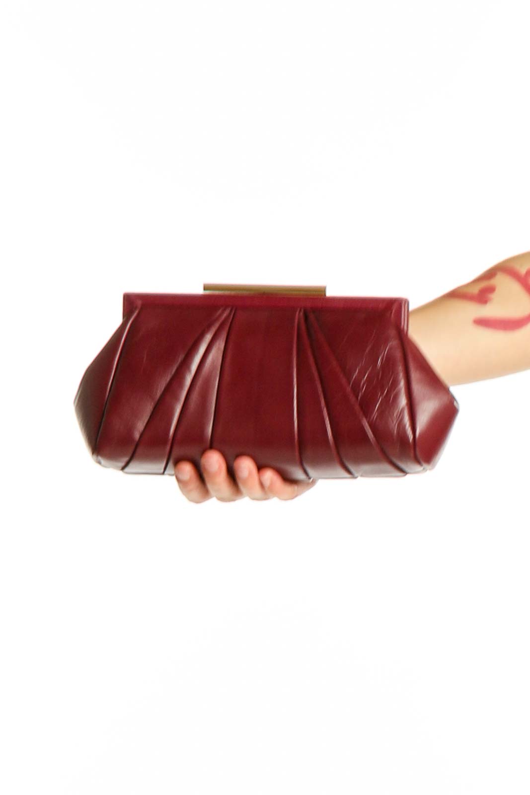 Burgundy Pleated Leather Clutch Front