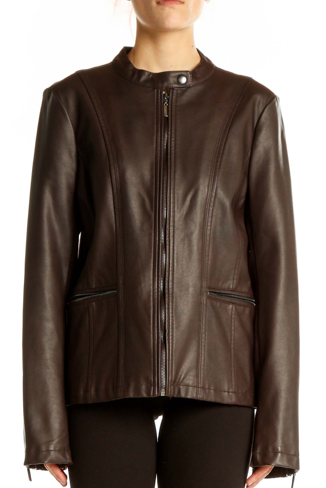 Brown Leather Zip-Up Jacket Front