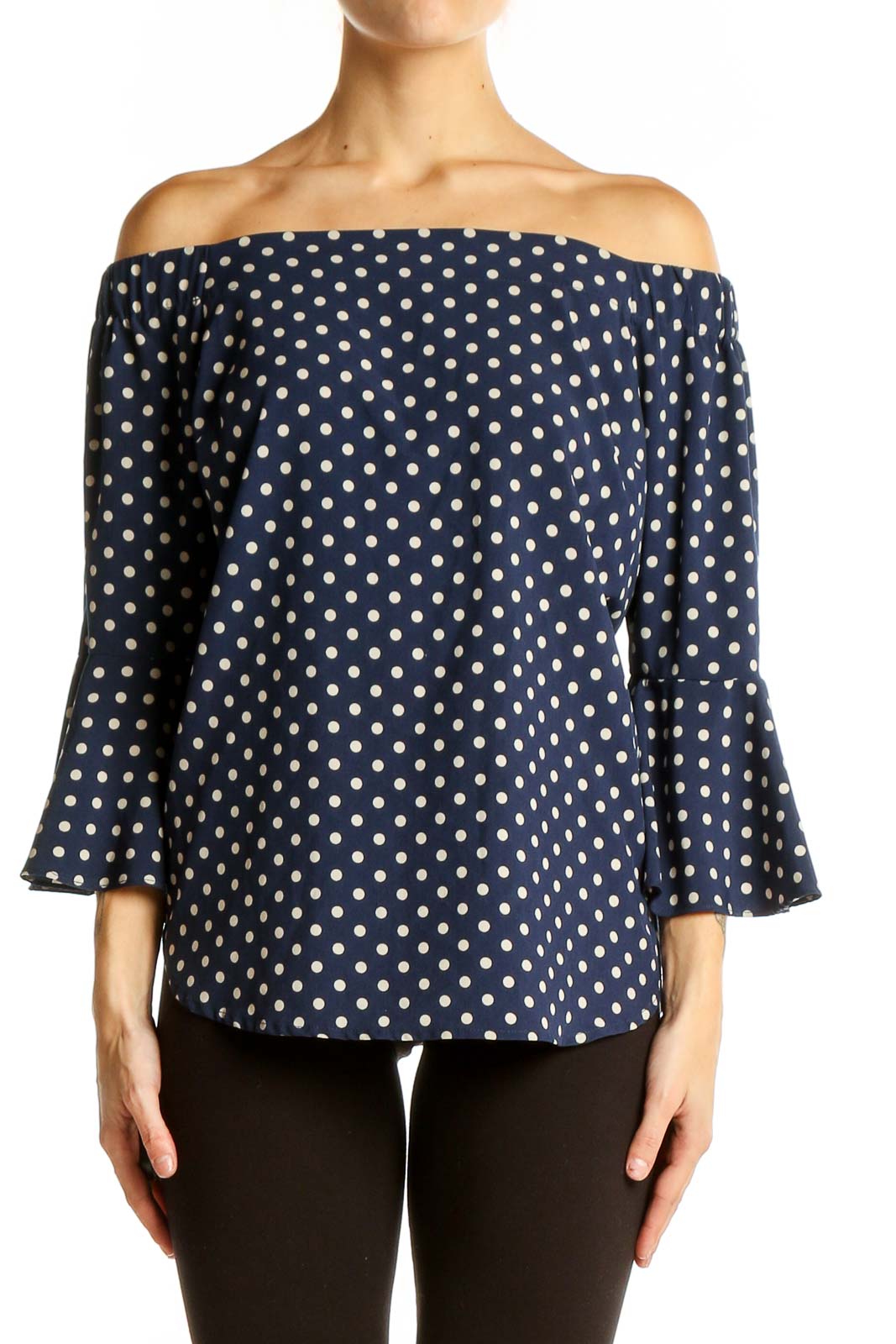 Navy Polka Dot Off-Shoulder Bell Sleeve Top Front