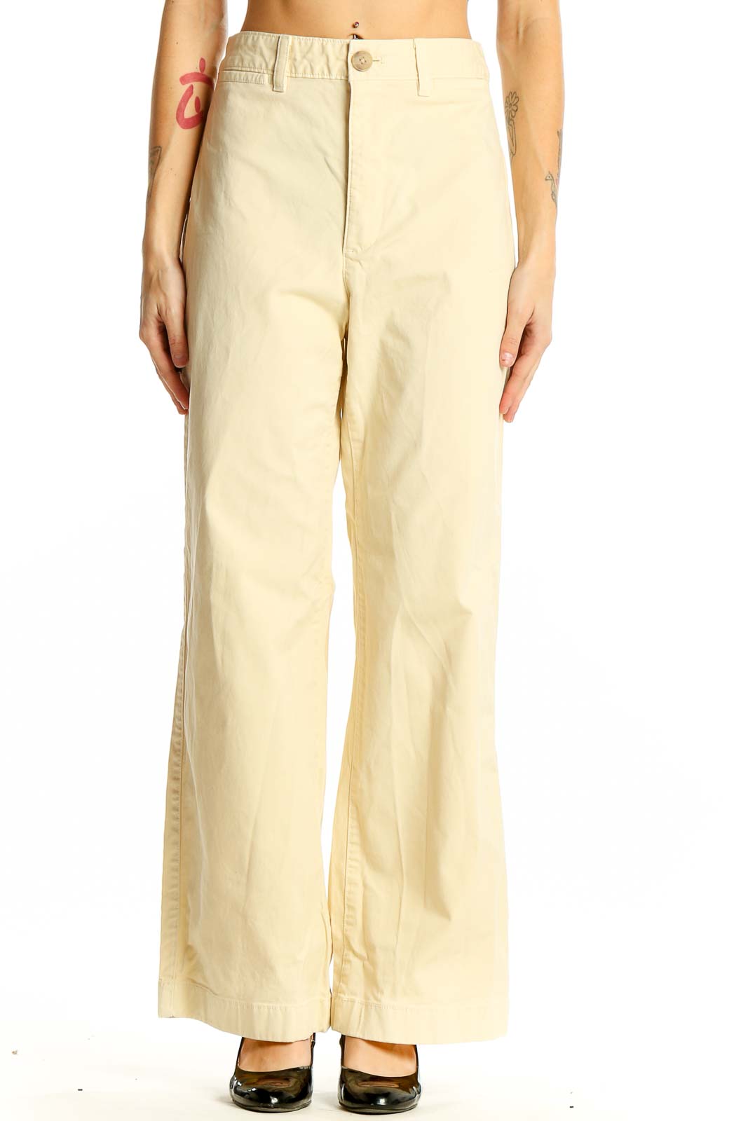 Cream Wide-Leg Cotton Blend Pants Front