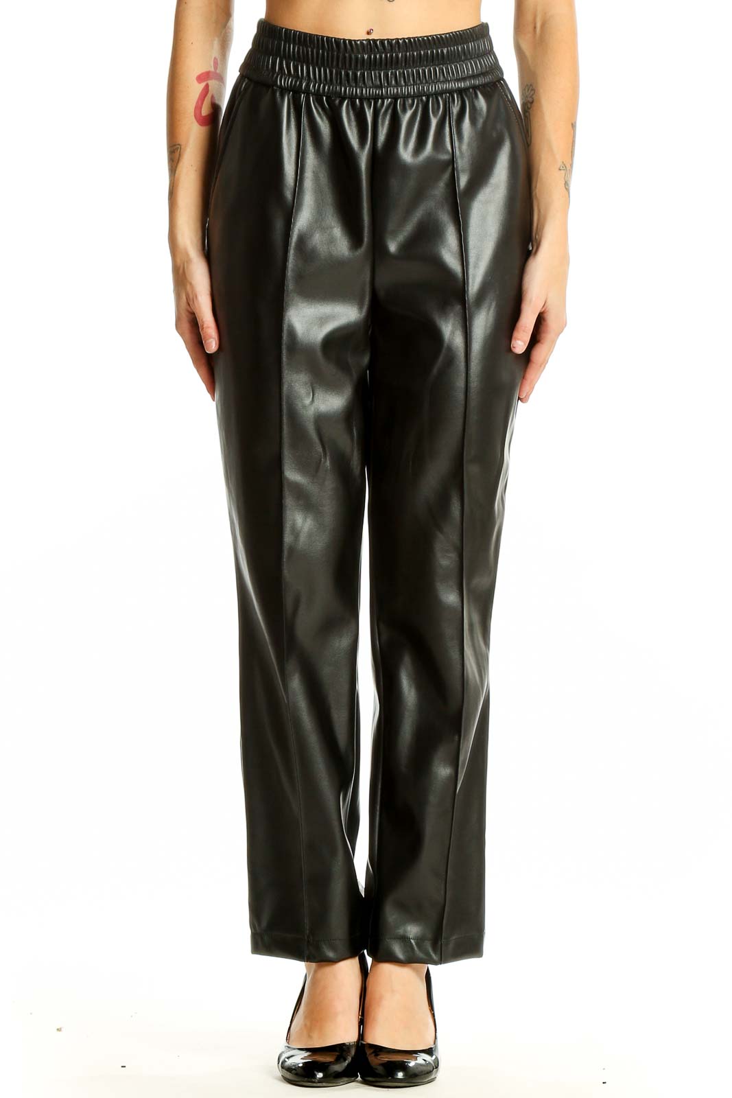 Black Faux Leather Wide-Leg Trousers Front