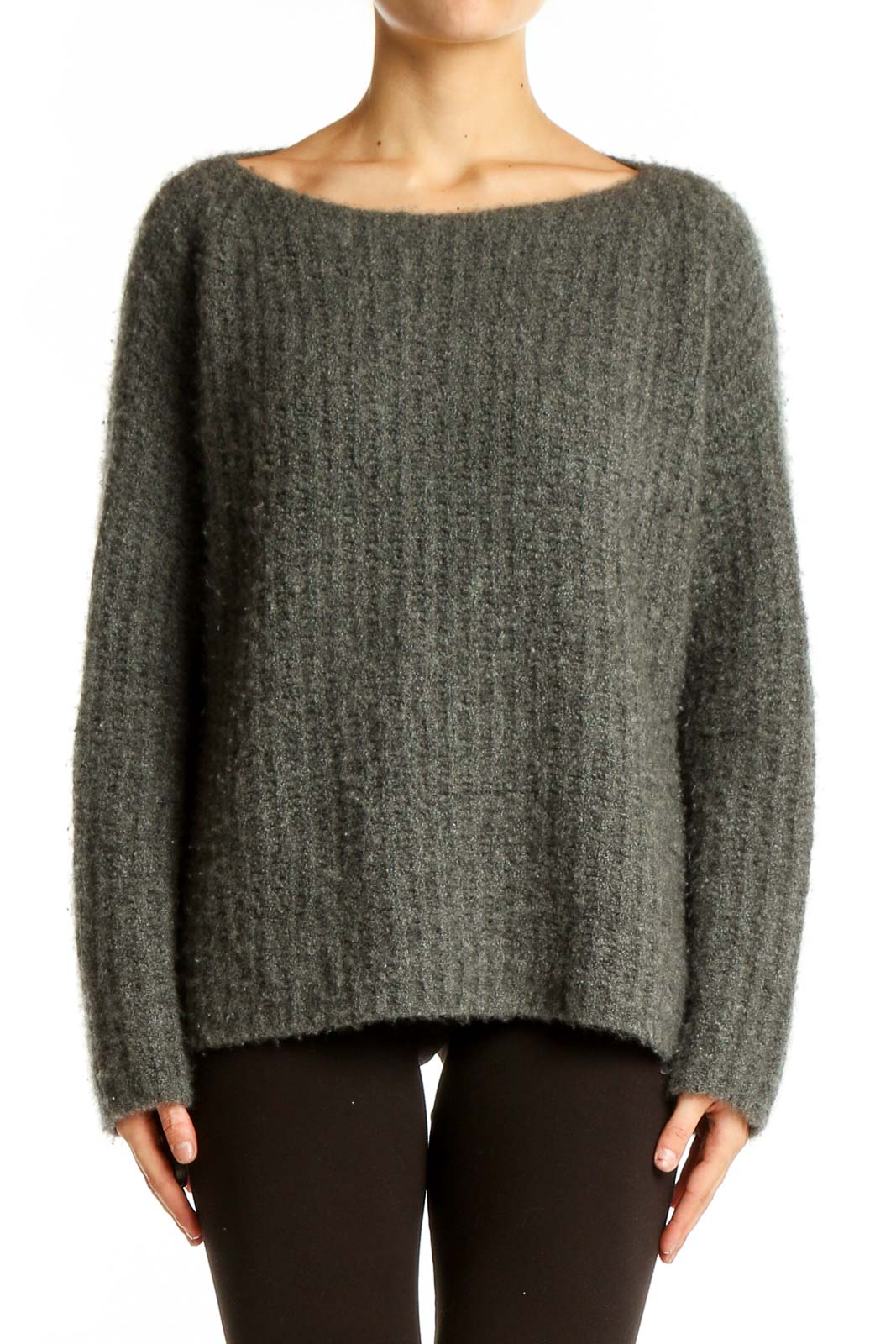 Gray Ribbed Cashmere Blend Sweater Front