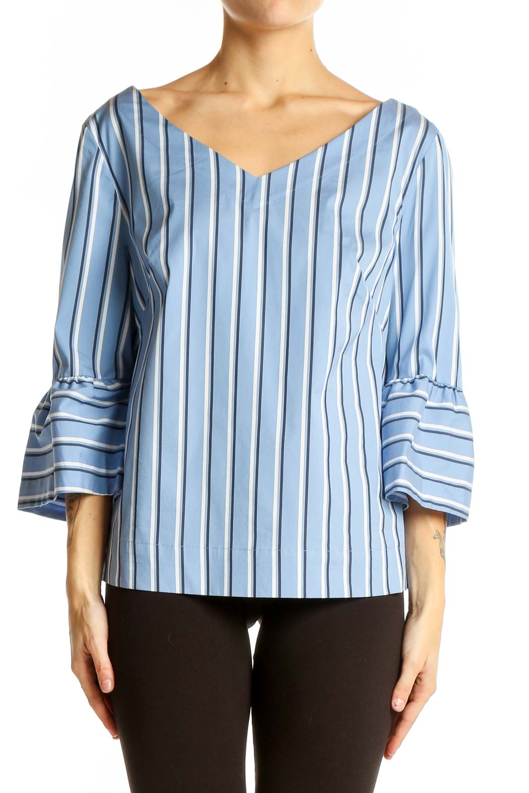 Blue Striped Bell Sleeve Top Front